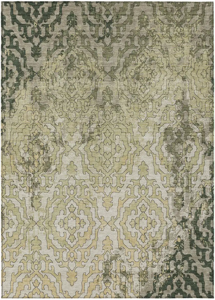 Artichoke Green And Beige Medallion Washable Indoor Outdoor Area Rug Photo 2