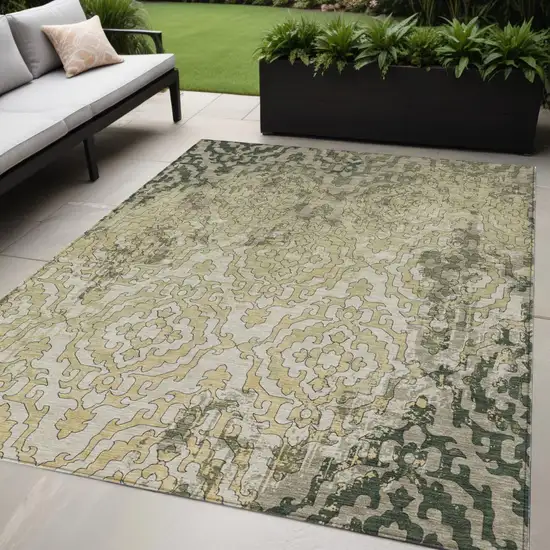 Artichoke Green And Beige Medallion Washable Indoor Outdoor Area Rug Photo 1