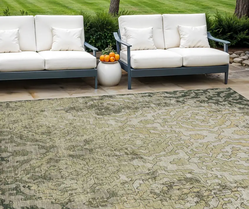 Artichoke Green And Beige Medallion Washable Indoor Outdoor Area Rug Photo 1