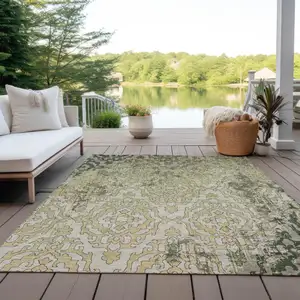 Photo of Artichoke Green And Beige Medallion Washable Indoor Outdoor Area Rug