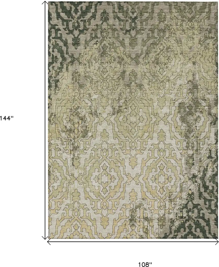 Artichoke Green And Beige Medallion Washable Indoor Outdoor Area Rug Photo 3