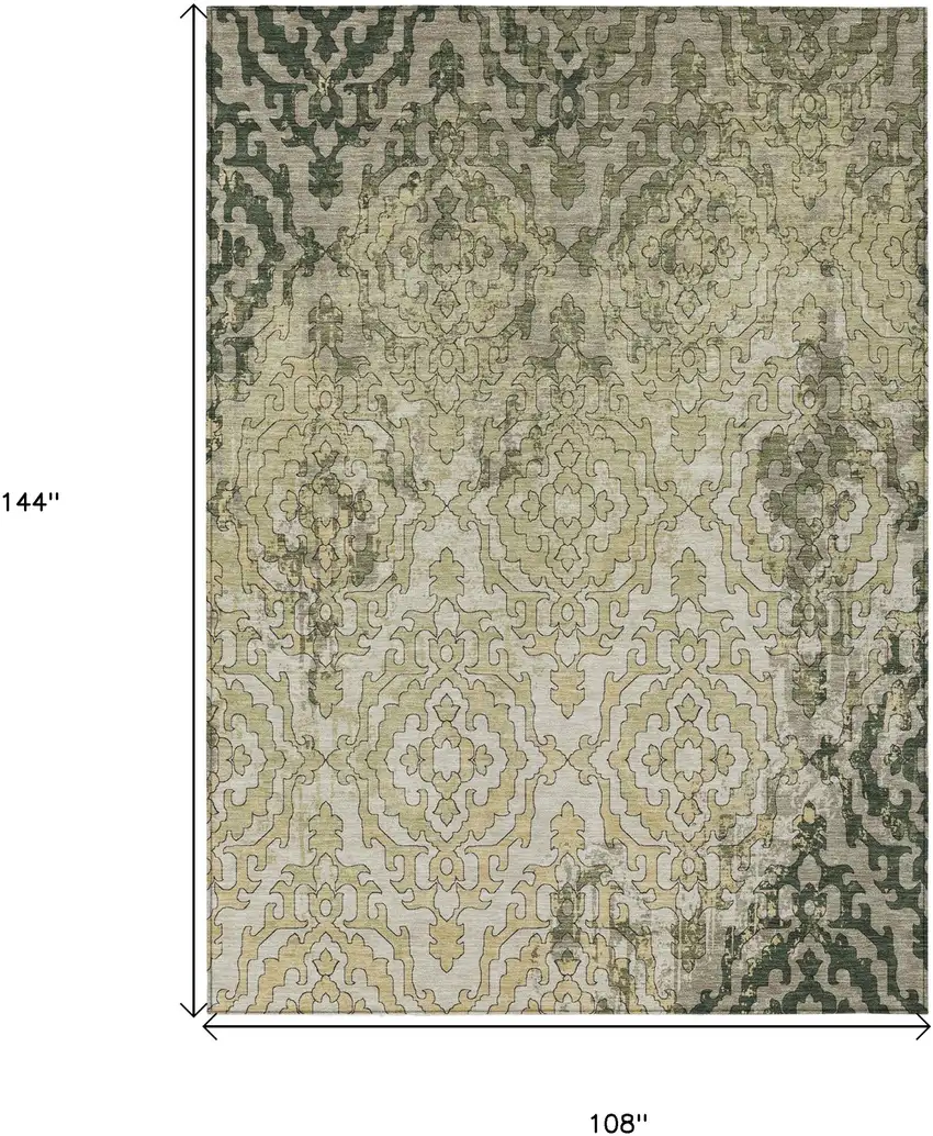 Artichoke Green And Beige Medallion Washable Indoor Outdoor Area Rug Photo 3