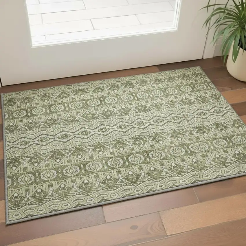 Artichoke Green And Beige Moroccan Washable Area Rug With UV Protection Photo 2