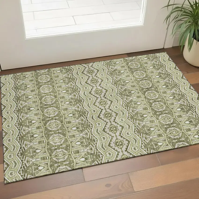 Artichoke Green And Beige Moroccan Washable Area Rug With UV Protection Photo 1