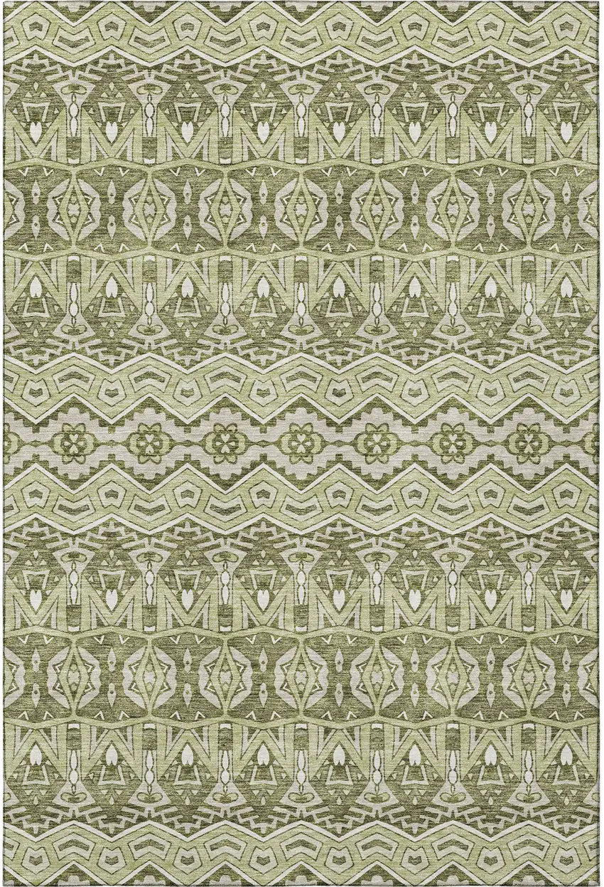 Artichoke Green And Beige Moroccan Washable Area Rug With UV Protection Photo 4