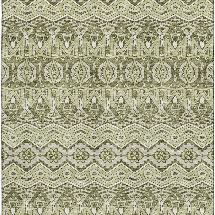 Artichoke Green And Beige Moroccan Washable Area Rug With UV Protection Photo 3