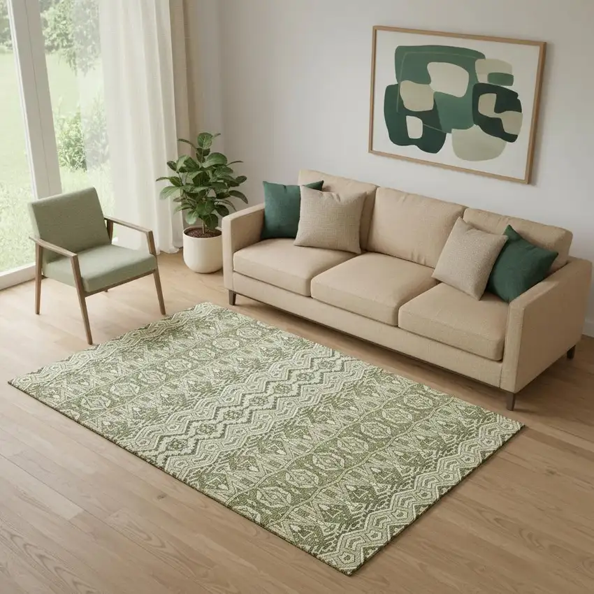 Artichoke Green And Beige Moroccan Washable Area Rug With UV Protection Photo 1