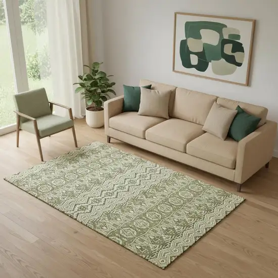 Artichoke Green And Beige Moroccan Washable Area Rug With UV Protection Photo 1