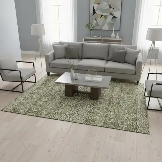 Artichoke Green And Beige Moroccan Washable Area Rug With UV Protection Photo 2