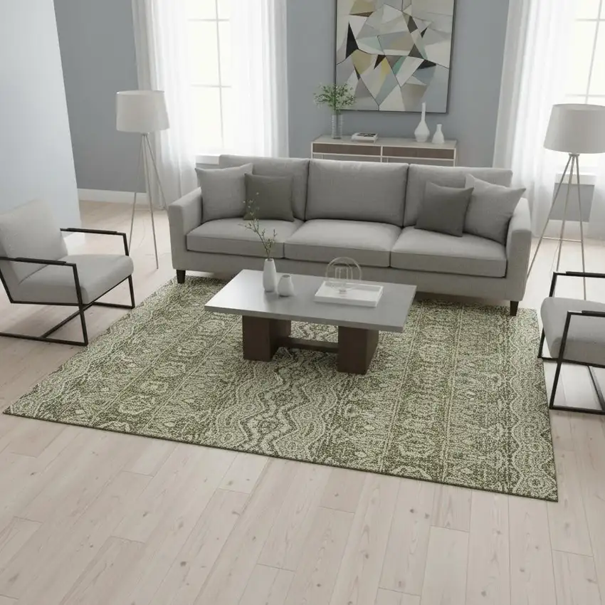 Artichoke Green And Beige Moroccan Washable Area Rug With UV Protection Photo 2