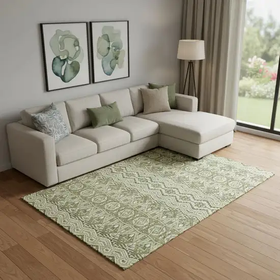Artichoke Green And Beige Moroccan Washable Area Rug With UV Protection Photo 1