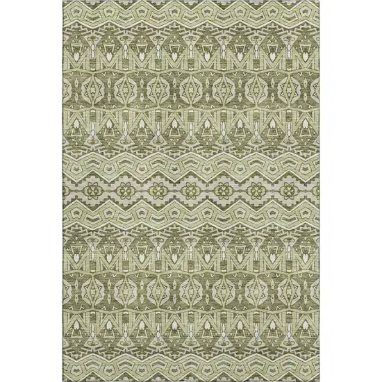 Artichoke Green And Beige Moroccan Washable Area Rug With UV Protection Photo 1