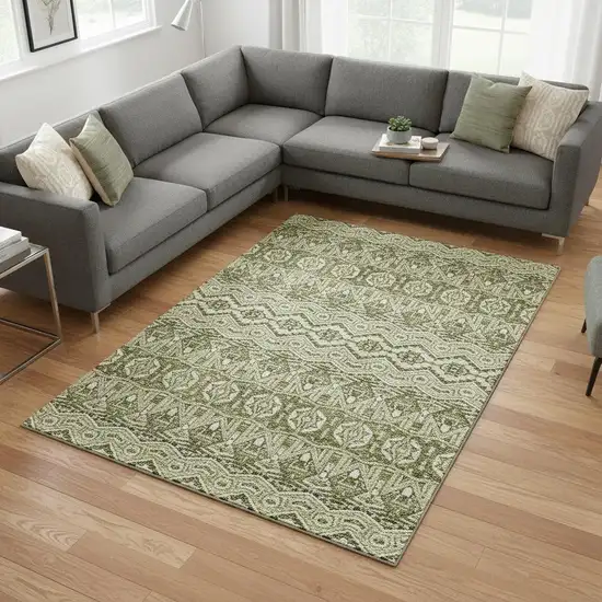 Artichoke Green And Beige Moroccan Washable Area Rug With UV Protection Photo 2
