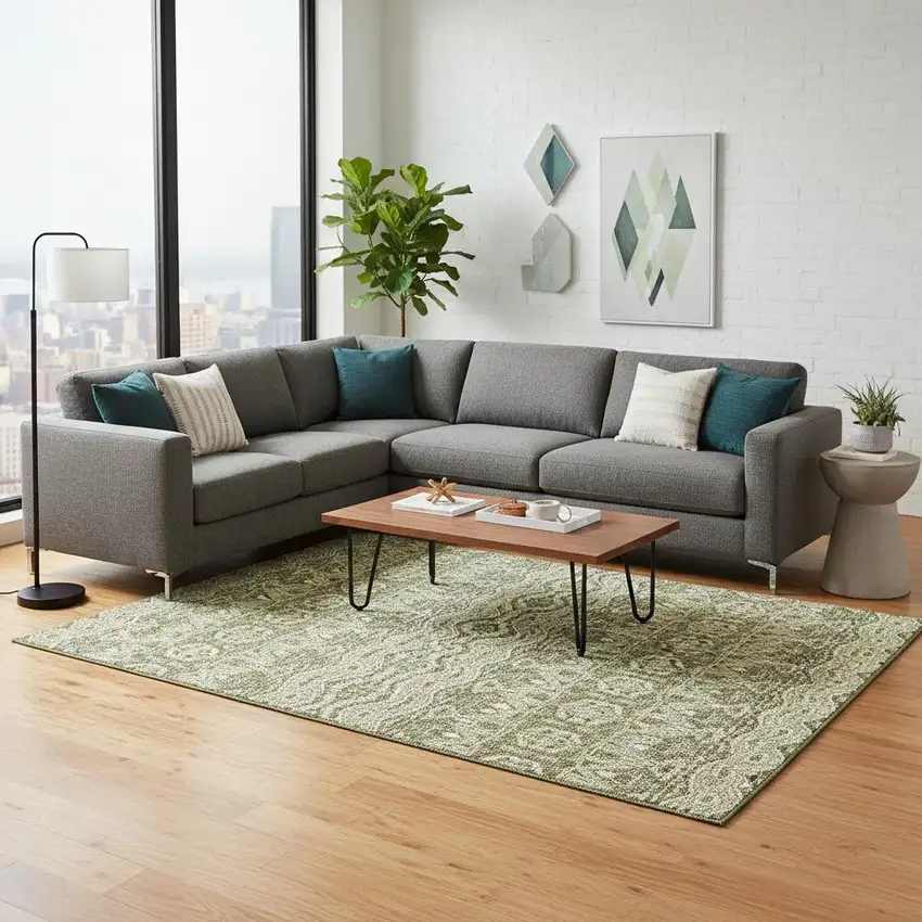 Artichoke Green And Beige Moroccan Washable Area Rug With UV Protection Photo 2