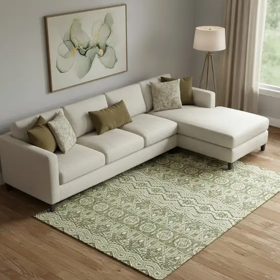 Artichoke Green And Beige Moroccan Washable Area Rug With UV Protection Photo 1