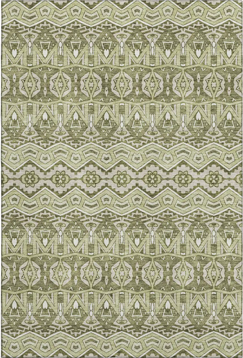 Artichoke Green And Beige Moroccan Washable Area Rug With UV Protection Photo 1