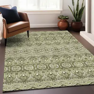 Photo of Artichoke Green And Beige Moroccan Washable Area Rug With UV Protection
