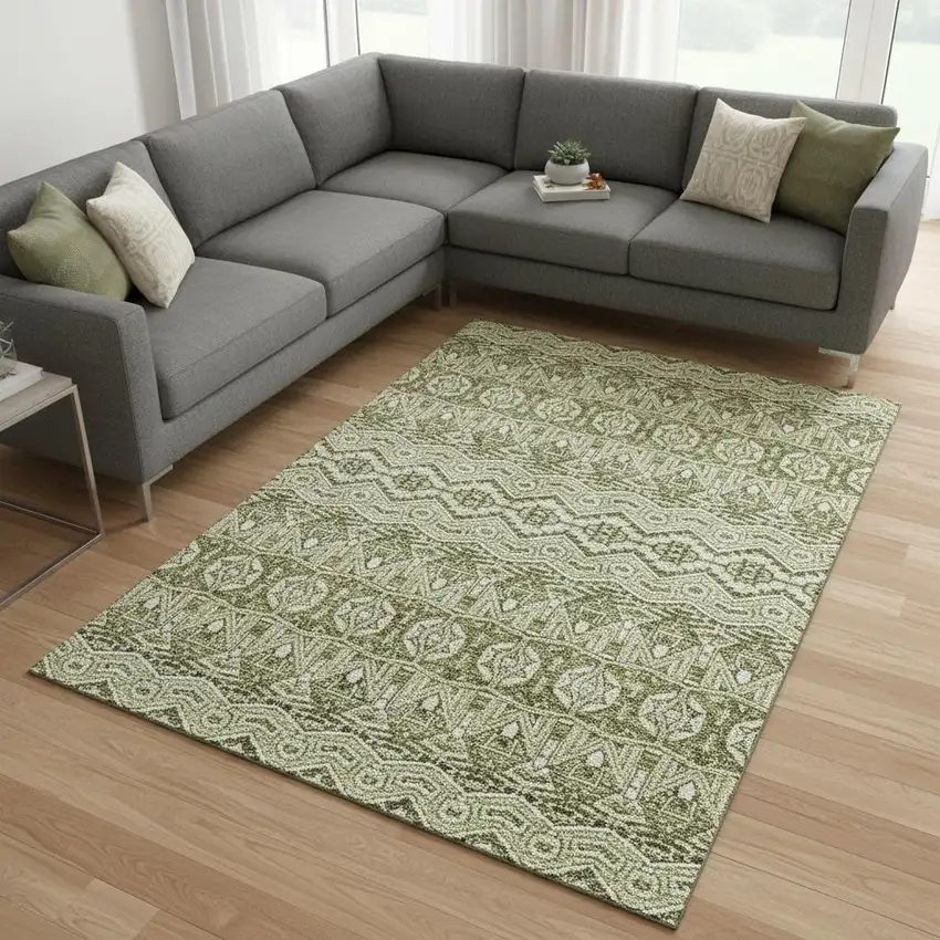 Artichoke Green And Beige Moroccan Washable Area Rug With UV Protection Photo 2