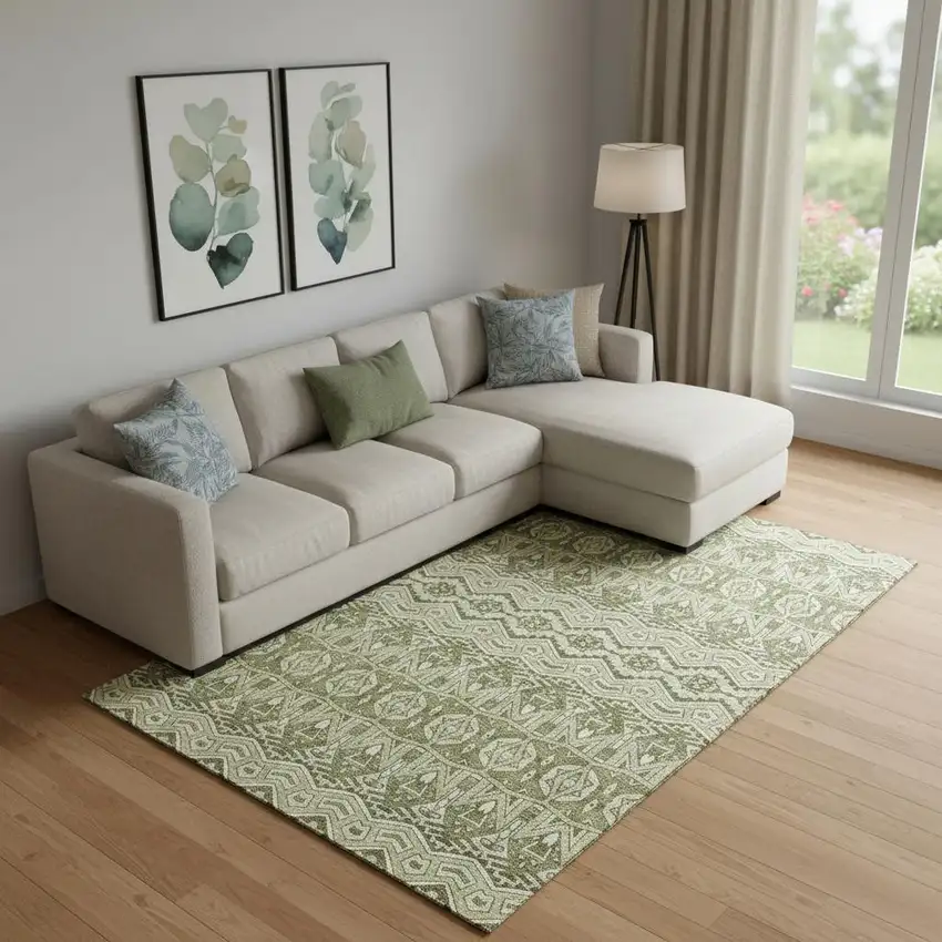 Artichoke Green And Beige Moroccan Washable Area Rug With UV Protection Photo 1
