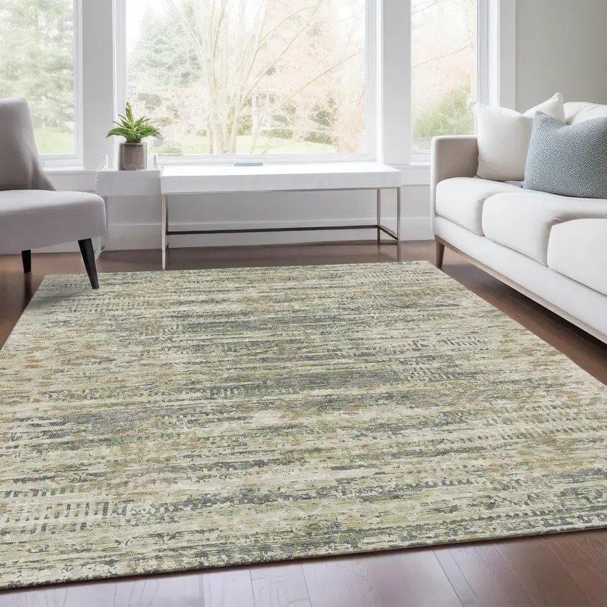 Artichoke Green And Beige Moroccan Washable Indoor Outdoor Area Rug Photo 6