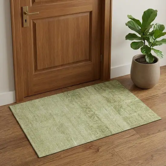 Artichoke Green And Beige Oriental Washable Area Rug With UV Protection Photo 1