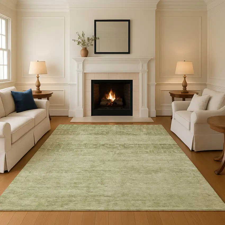 Artichoke Green And Beige Oriental Washable Area Rug With UV Protection Photo 4