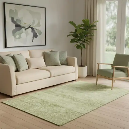 Artichoke Green And Beige Oriental Washable Area Rug With UV Protection Photo 2