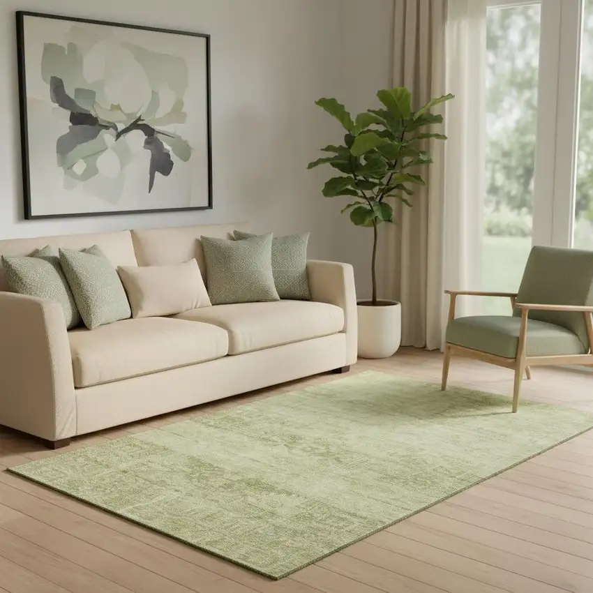 Artichoke Green And Beige Oriental Washable Area Rug With UV Protection Photo 2