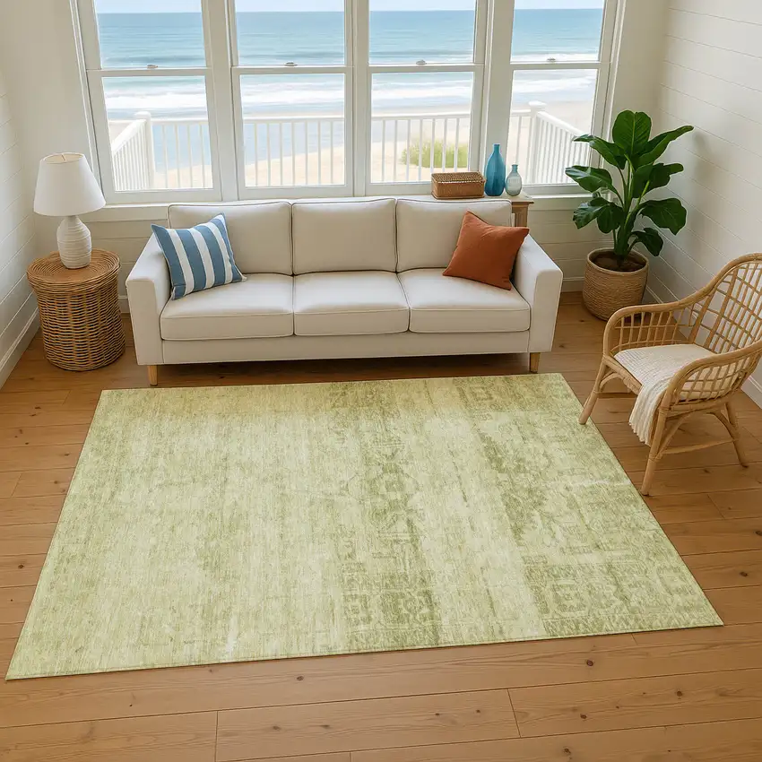 Artichoke Green And Beige Oriental Washable Area Rug With UV Protection Photo 5