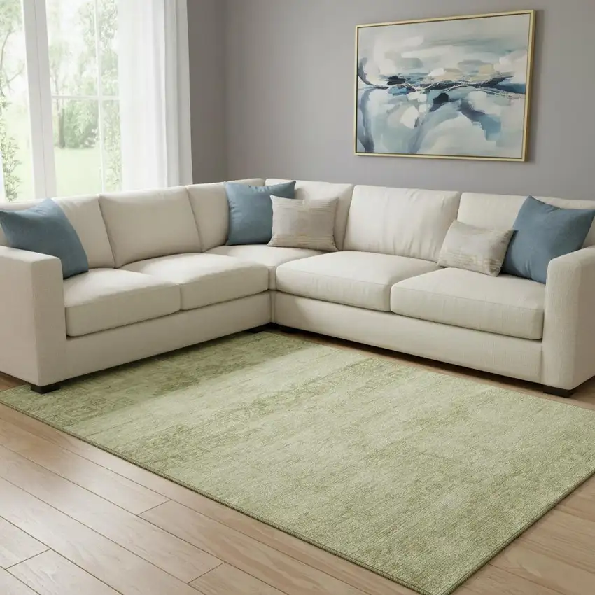 Artichoke Green And Beige Oriental Washable Area Rug With UV Protection Photo 2