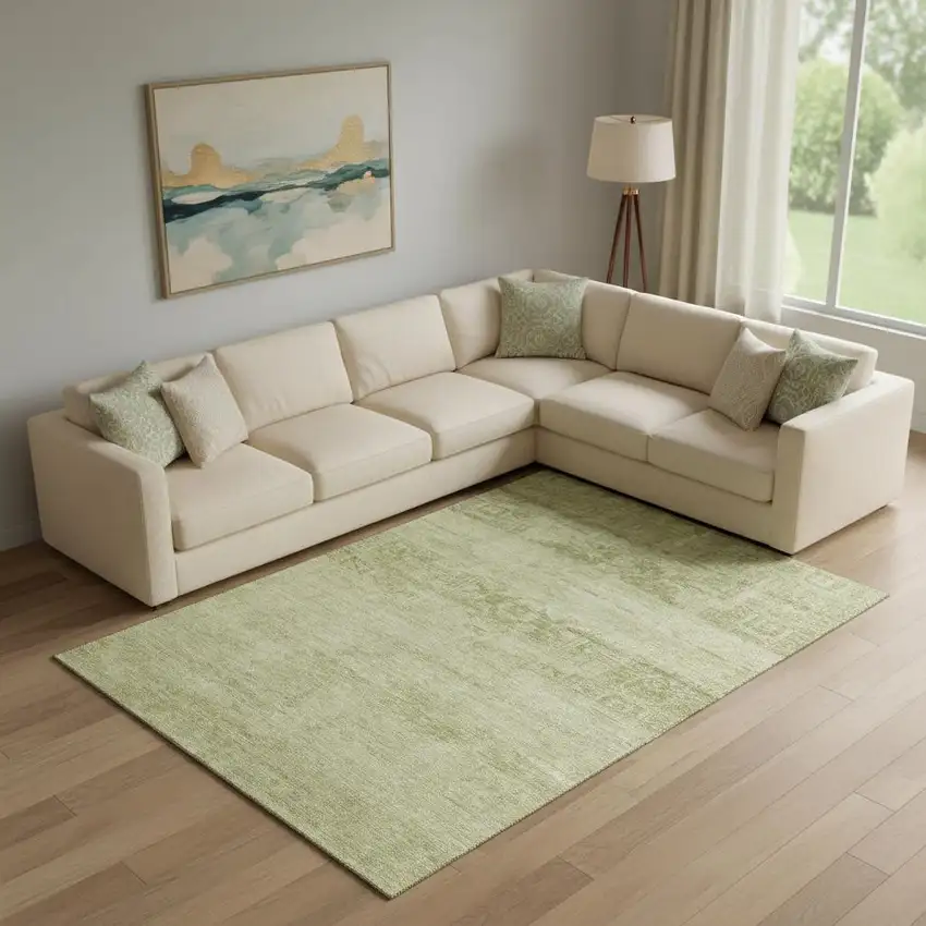 Artichoke Green And Beige Oriental Washable Area Rug With UV Protection Photo 2
