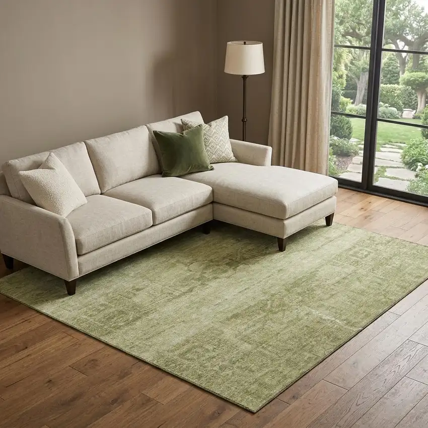 Artichoke Green And Beige Oriental Washable Area Rug With UV Protection Photo 1