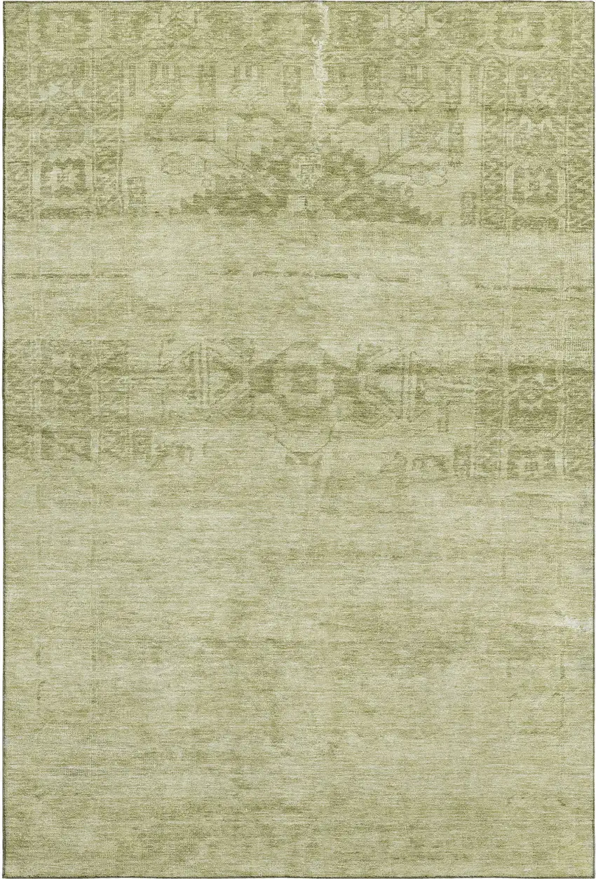 Artichoke Green And Beige Oriental Washable Area Rug With UV Protection Photo 1