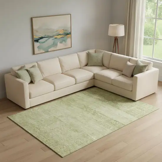 Artichoke Green And Beige Oriental Washable Area Rug With UV Protection Photo 2