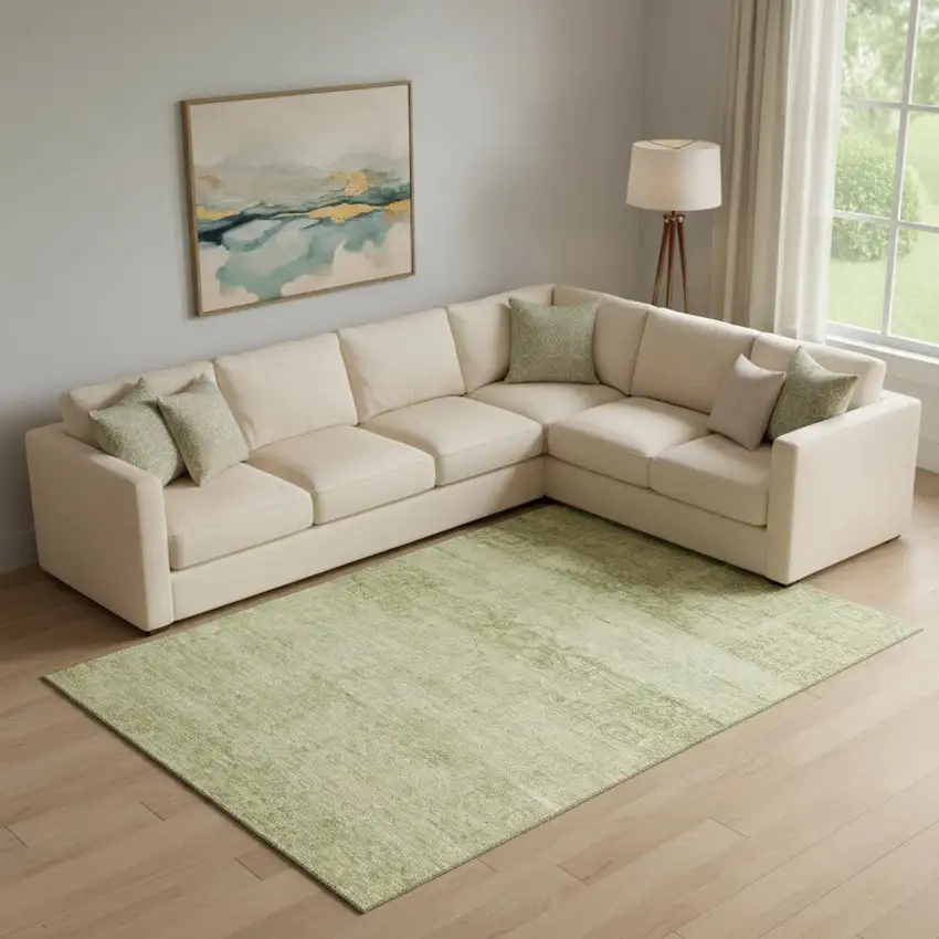 Artichoke Green And Beige Oriental Washable Area Rug With UV Protection Photo 2