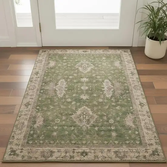 Artichoke Green And Beige Oriental Washable Area Rug With UV Protection Photo 2