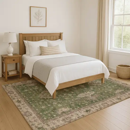 Artichoke Green And Beige Oriental Washable Area Rug With UV Protection Photo 4