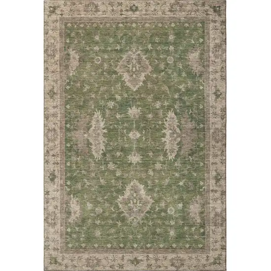 Artichoke Green And Beige Oriental Washable Area Rug With UV Protection Photo 2