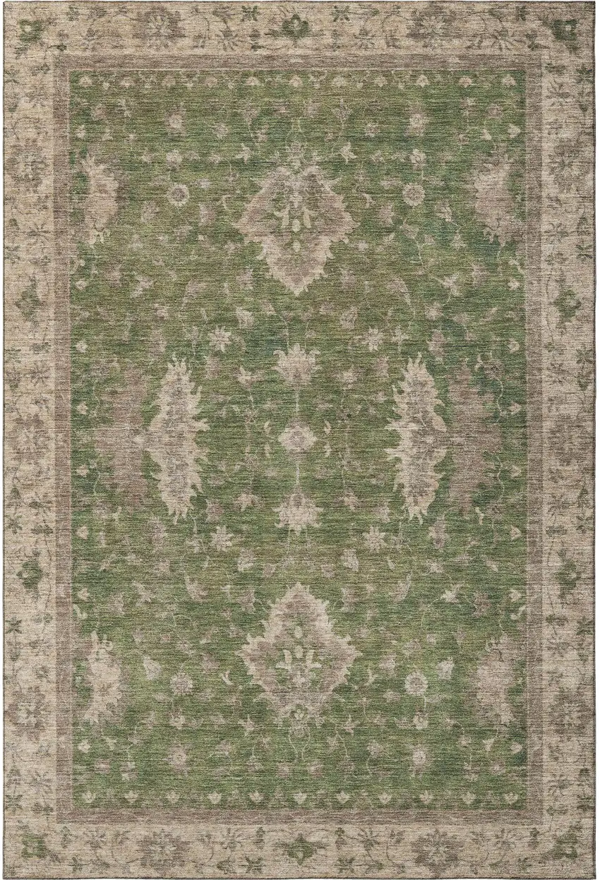 Artichoke Green And Beige Oriental Washable Area Rug With UV Protection Photo 3