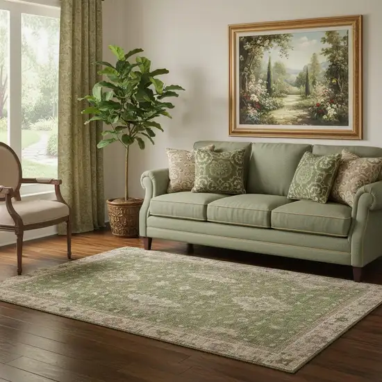 Artichoke Green And Beige Oriental Washable Area Rug With UV Protection Photo 2