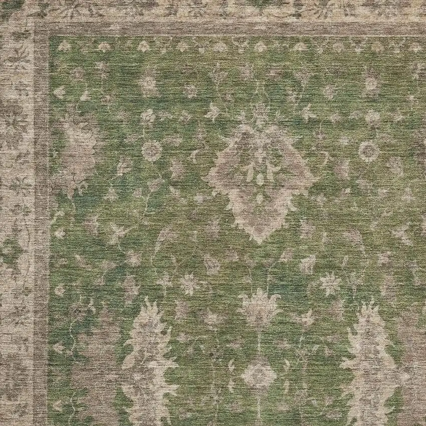Artichoke Green And Beige Oriental Washable Area Rug With UV Protection Photo 2