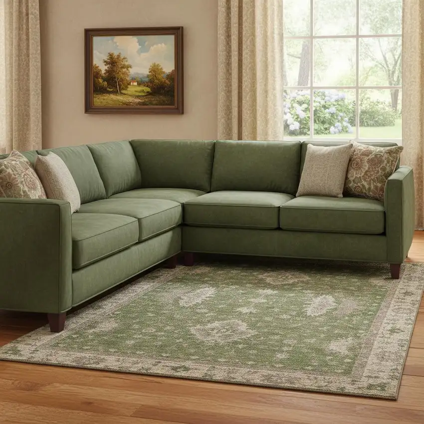 Artichoke Green And Beige Oriental Washable Area Rug With UV Protection Photo 2