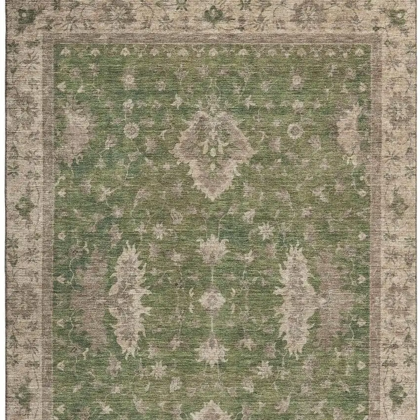 Artichoke Green And Beige Oriental Washable Area Rug With UV Protection Photo 3