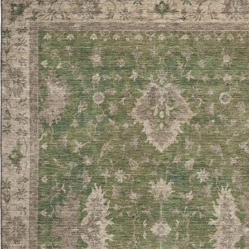 Artichoke Green And Beige Oriental Washable Area Rug With UV Protection Photo 2