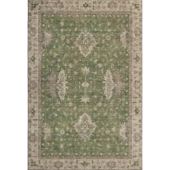 Artichoke Green And Beige Oriental Washable Area Rug With UV Protection Photo 1
