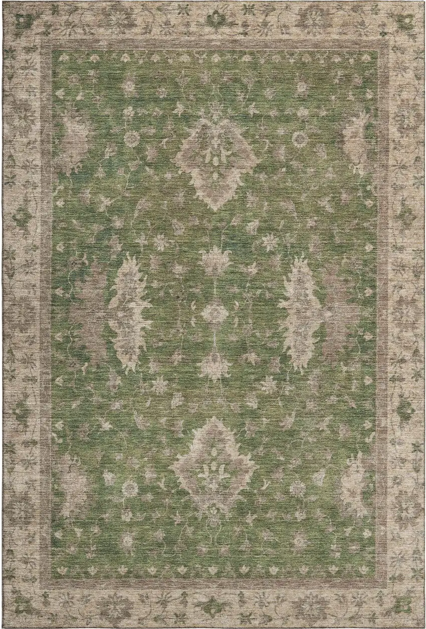 Artichoke Green And Beige Oriental Washable Area Rug With UV Protection Photo 1