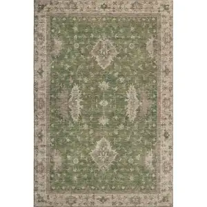 Photo of Artichoke Green And Beige Oriental Washable Area Rug With UV Protection