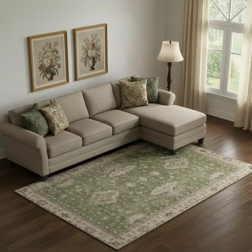 Artichoke Green And Beige Oriental Washable Area Rug With UV Protection Photo 2