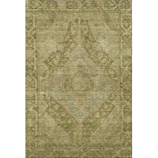 Artichoke Green And Beige Oriental Washable Area Rug With UV Protection Photo 3