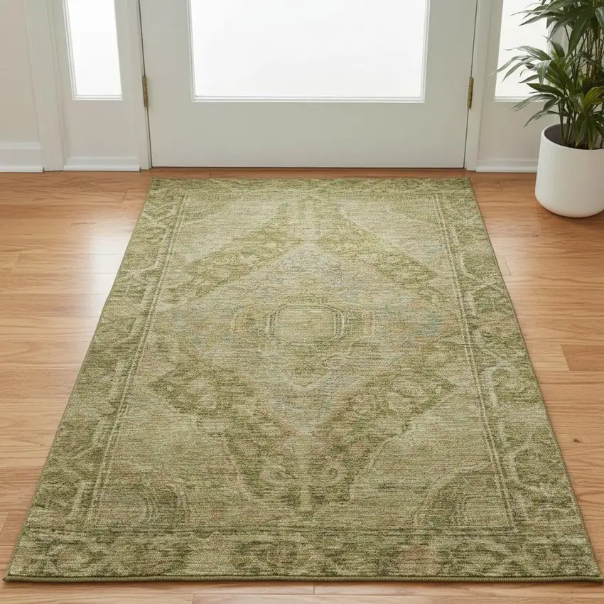 Artichoke Green And Beige Oriental Washable Area Rug With UV Protection Photo 2